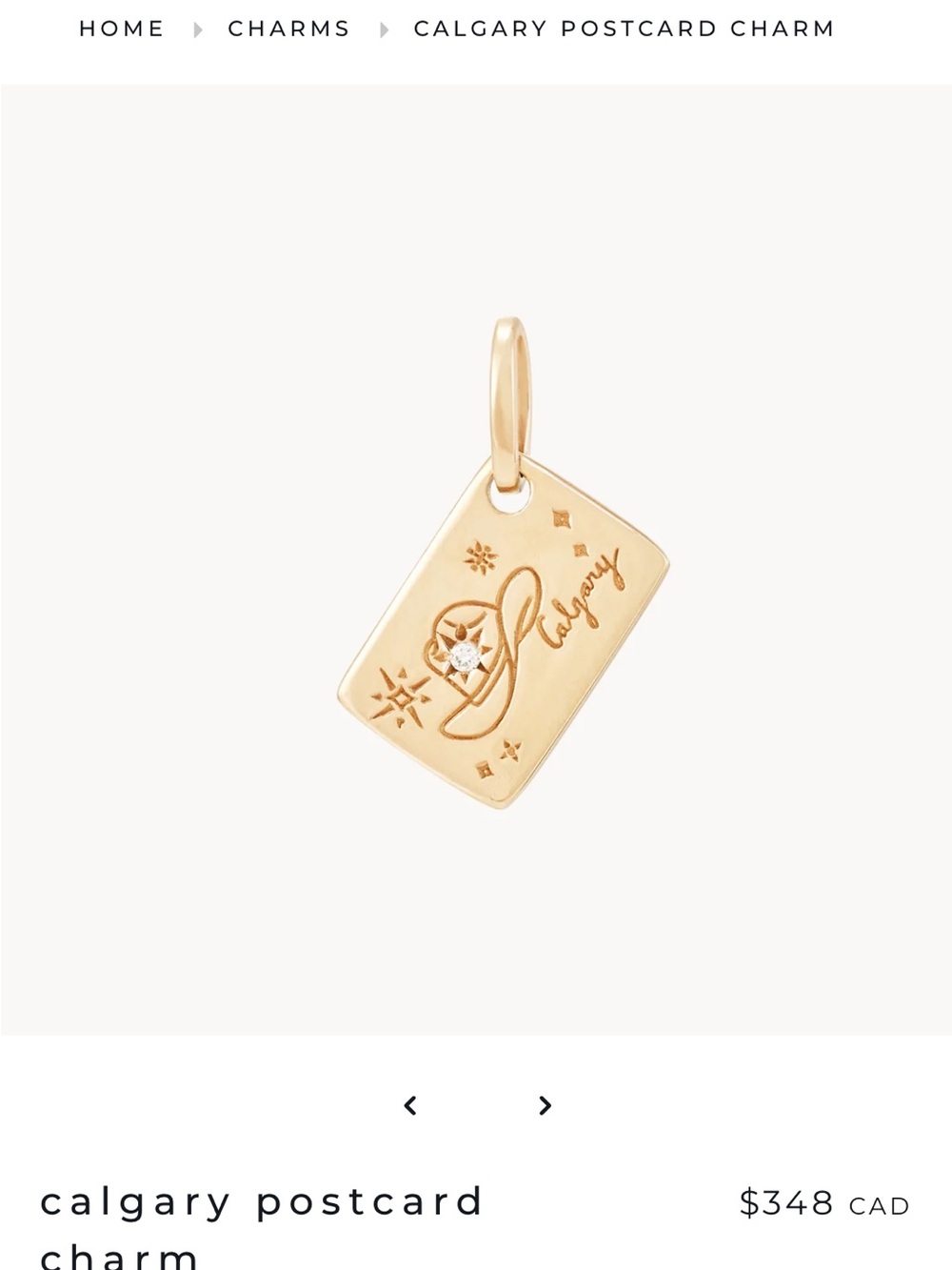 Calgary Postcard Charm in Gold